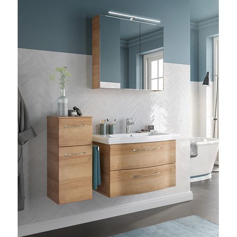 Badezimmer Set, 3-teilig, 82cm Waschbecken, Riviera Eiche quer Nb. SOLINGEN-66, B/H/T ca. 127/200/46 cm (1/5)