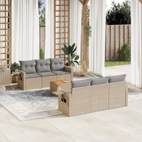 Canapé de jardin 7 pièces en résine tressée beige avec coussins gris – table acacia, siège modulaire, charge 110 kg (1/5)