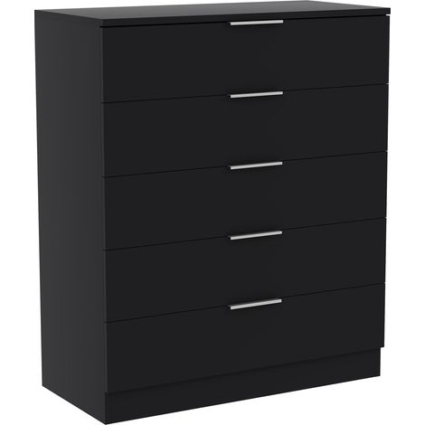 Trega 5 Drawer Chest of Drawers Modern Bedroom Storage Unit, H 90 x W 66 x D 36 cm, Black