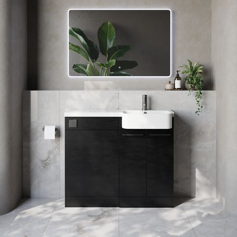 Napoli 250 Nero Oak 1000mm 2 Door Vanity Unit Toilet Suite with Right Hand Round Rico Semi Recessed Basin - 1000mm - Gunmetal Grey 160mm HandleWithout Kingston Toilet Pan