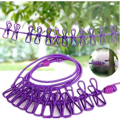 Sac OPP violet Corde à linge pour voiture pour le séchage en extérieur, balcons de dortoirs scolaires et pinces pour corde à linge intérieure (aucun perçage requis). (1/5)