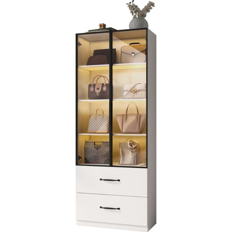 Vitrine Blanc en verre, Avec Éclairage LED, Étagères Réglables, 2 Tiroirs et 2 Portes, 60 x 40 x 160cm - pour salon, chambre (1/5)