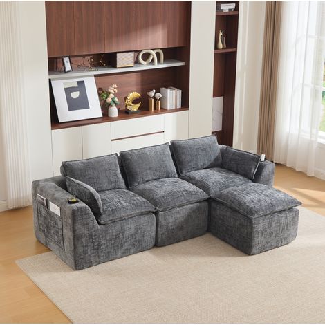 REDOM - Canapé modulaire 3 places 256x161x75 cm, avec repose pieds, coussins et poches latérales, chenille gris foncé (1/5)
