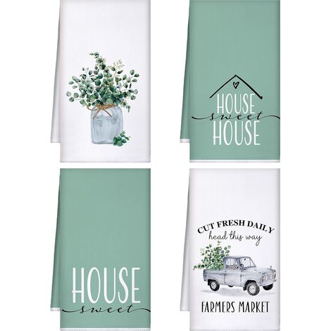 Set de 4 Torchons de Cuisine en Feuilles d'Eucalyptus 40 x 60 cm Torchons en Microfibre Absorbants Décoratifs Essuie-Mains de Printemps de Verdure Serviettes de Séchage de Cuisine (1/5)