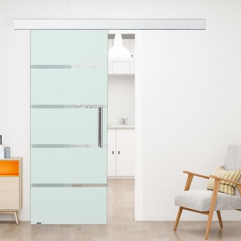 Puerta Corredera de Cristal 77,5x205 cm Puerta Corrediza Deslizante con Riel de Cristal de Seguridad Translúcido (1/5)