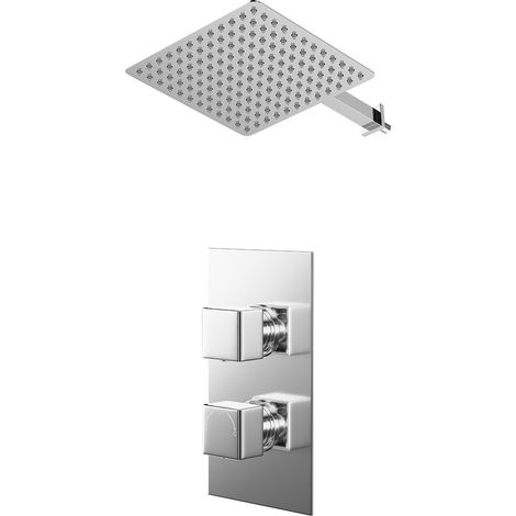 Cubix Polished Chrome Concealed Twin Thermostatic Shower Valve and 300mm Thin Square Fixed Head with Wall Arm - 1 Outlet (1/5)