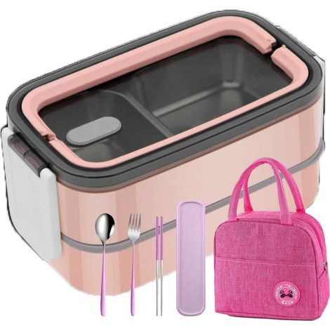boîte à lunch isotherme,Boîte à lunch portable rose en acier inoxydable compartiments + cuillère, fourchette, baguettes+sac à lunch (1/5)