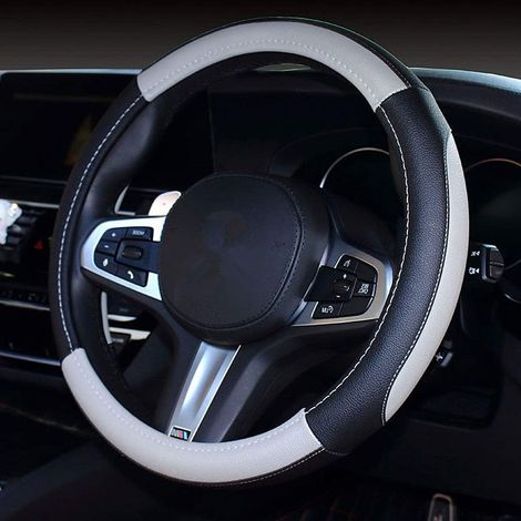 Couvre Volant Voiture en Cuir,Universelle Protection Volant Voiture 38cm Souple Respirant Anti Dérapant Accessoires Intérieurs Auto (Noir-Gris) (1/4)