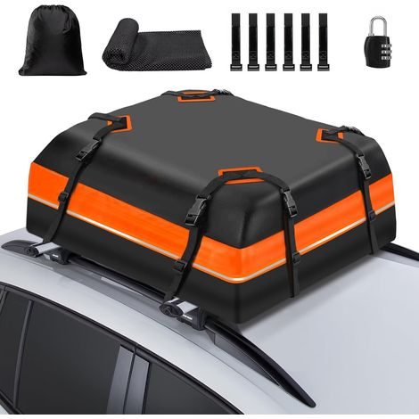 Coffre de toit pour voiture, étanche, 15 pieds, forme cubique, 1000D, coffre de rangement pliable, compatible avec la plupart des voitures, avec ou sans barres de toit (1/5)