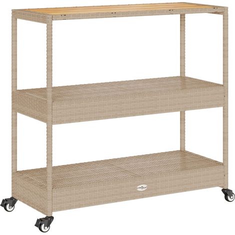 Vidaxl – Chariot de bar 3 niveaux en rotin beige et bois d'acacia – Cadre en acier robuste – 4 roues pour déplacement facile – Grand espace de rangement