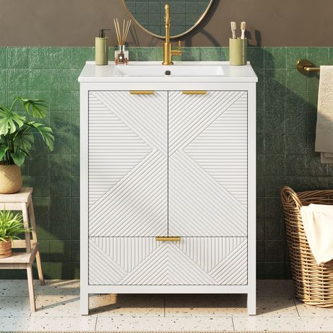 Modernluxe - Meuble Sous-Vasque sur Pied 61cm - Meuble de Salle de Bain avec Vasque en Céramique - 2 portes et 1 tiroir - Blanc (1/5)