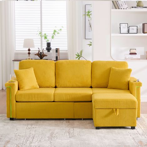 Canapé 194 x 73 x 81cm avec LED, charge USB-C, repose-pieds rangement, porte-gobelets, poches latérales, pour salon bureau, velours, jaune (1/5)