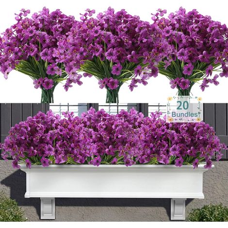 Fleurs artificielles d'extérieur, lot de 20, plantes artificielles résistantes aux UV pour porche extérieur, violettes-AquaForge (1/5)