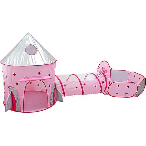 3-in-1-Spielzelt für Kinder: Krabbeltunnel, Bällebad, Basketballkorb, Raketen-Weltraumzelt – Rosa