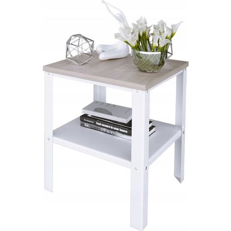Mesita de noche atornillada con estante, ideal para dormitorio tipo loft, 40x40x45 cm, color blanco y roble Sonoma. (1/4)