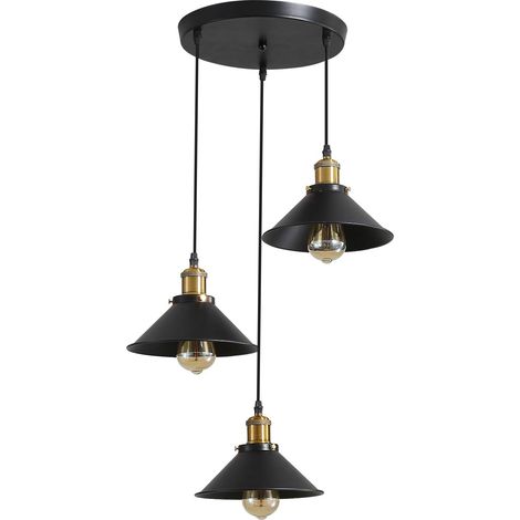 3 Flammig Pendelleuchte Vintage Hängeleuchte Loft Eisen Regenschirm E27 Höhenverstellbar für Küche Wohnzimmer Esszimmer Cafét - Schwarz (Runde Basis)