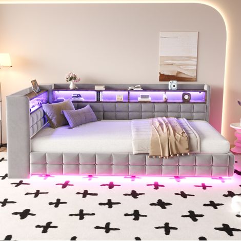 Letto imbottito multifunzione 90x200 cm in velluto grigio chiaro con contenitore e LED (1/5)