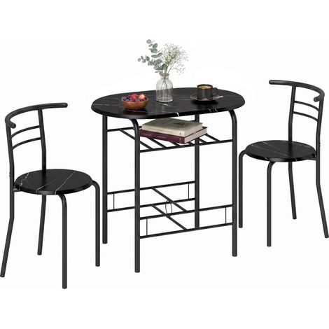 Ensemble de salle à manger 3 pièces, table et chaises pour 2 personnes avec étagère, aspect marbre noir, pour salon. (1/5)