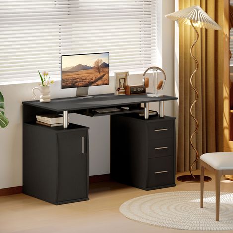 Bureau d'ordinateur, bureau informatique 120 x 55 cm avec plateau pour clavier, 3 tiroirs, pour chambre, domicile, noir (1/5)