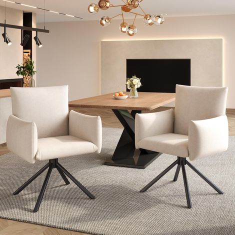Ensemble de deux chaises de salle à manger, fauteuil rembourré avec 4 pieds en métal, pivotant à 360°, chaise de salon/chambre, chaise de bureau, soutien lombaire, velours, beige (1/5)