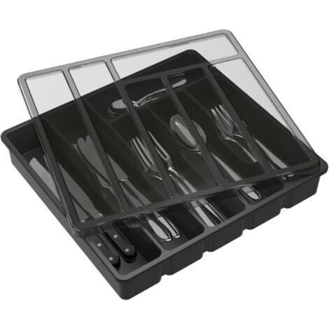 Range Couverts pour Tiroir avec Couvercle, Boîte de Rangement Couverts de Cuisine, Organisateur de Couverts en Plastique, pour Cuillères Fourchettes, Couteaux, 6 Compartiments, Noir (1/5)