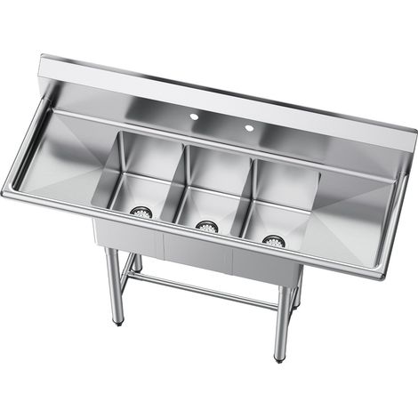 Professionelle 3-Becken-Küchenspüle aus Edelstahl 304 (18 Gauge), Beckengröße 254 x 356 x 254 mm, mit 2 Abtropfflächen und Spritzschutz für Restaurants, Imbisswagen und den privaten Gebrauch (1/5)