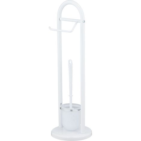 Support papier toilette et porte-brosse blanc – Plastique mat et acier laqué – Dimensions 19 x 63 cm – Base ronde ultra stable (1/5)