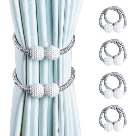 Curtain Tiebacks, 4 Pieces Magnetic Curtain Tie Backs, Pearl Design Curtain Drapes Clips Rope Holdbacks for Home Office Window Decoration (Grey 4 Pack) (1/5)
