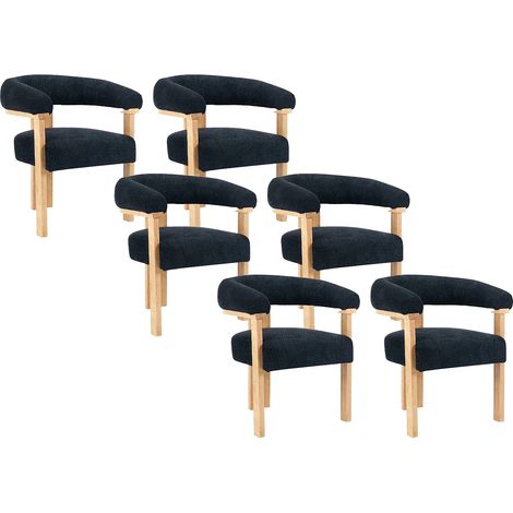 Lot de 6 chaises avec accoudoirs en tissu bouclette et bois d'hévéa naturel - Anthracite foncé - LIVELIA