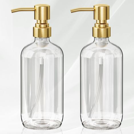 Set mit 2 Seifenspendern mit Edelstahlpumpen. Transparenter, goldfarbener Seifenspender zum Händewaschen, geeignet für Bad und Küche. (1/5)
