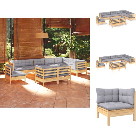 Gartenmöbel-Sets - Living 10-tlg. Garten-Lounge-Set mit Grauen Kissen Kiefer Massivholz (1/5)