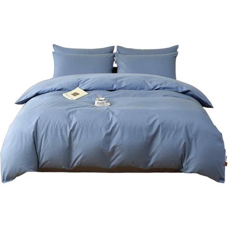 Housse De Couette Coton Bleue - 220 X 240 Cm - Fermeture Éclair - 4 Fixations Angles - Lavable 30°C