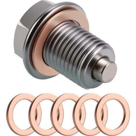 Bouchon de Vidange D'huile Magnétique M14x1.5, Bouchon de Vidange Moteur avec Joints Universel Écrou de Vidange Carter Moteur Acier Inoxydable avec 5 Bague D'étanchéité Cuivre pour Voiture Moto Bateau