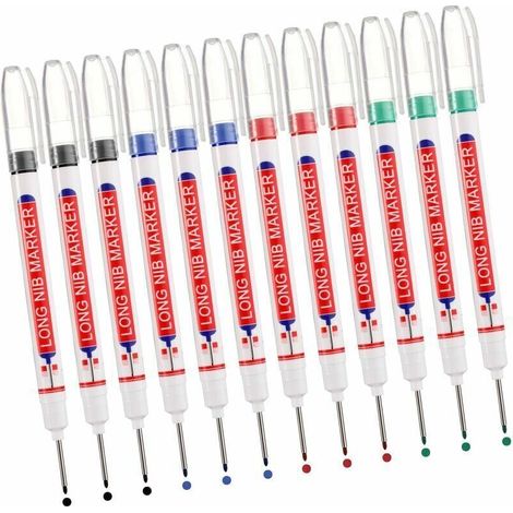 Marqueurs Longue, 12paquets Marqueur Charpentier, Stylo Marqueur Noir Bleu Rouge Vert Pointe Trou Profond de 20 mm, Marqueur de Precision (Indlbile) (1/5)