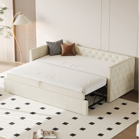 Divano letto imbottito in velluto beige 90x200 cm, estraibile con rete a doghe inclusa (1/5)
