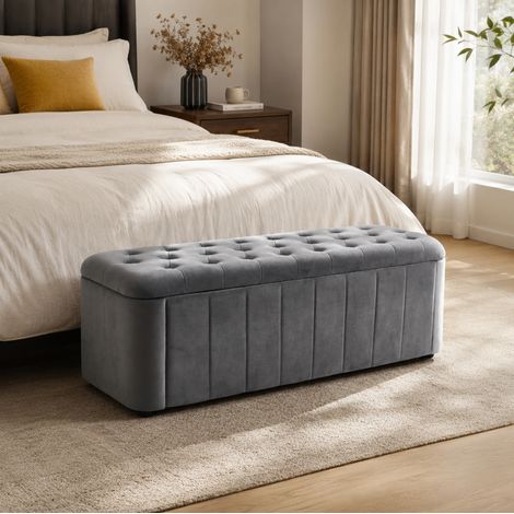 Banco arcón de terciopelo 132 x 47 x 44 cm, con almacenaje, gris oscuro OKMYHOME (1/5)