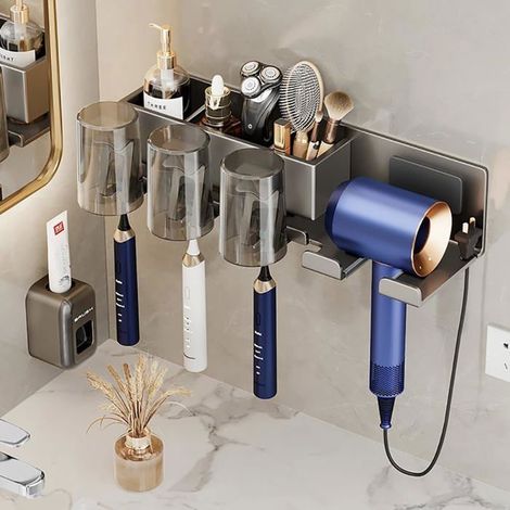 Support Seche Cheveux, Porte Brosse à Dents Mural Porte Seche Cheveux sans Percage avec Range-Câbles (Three) (1/5)