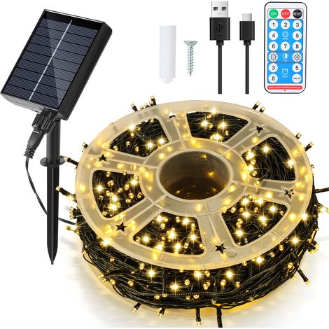 Jiubiaz Luci Solari da Esterno 50 m 500 LED, Catena Luminosa Impermeabile 8 Modalità per Natale, Giardino e Terrazza, Bianco Caldo (1/5)