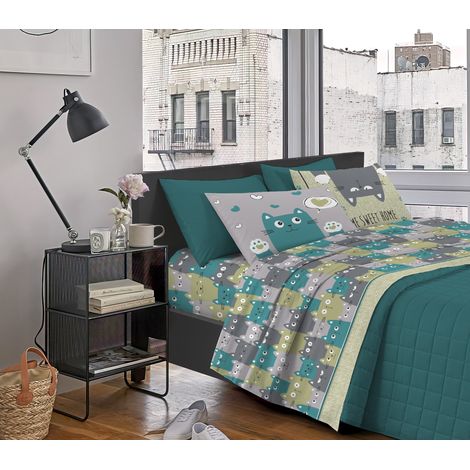 Completo Letto Stampato Made In Italy 100 % Cotone Set Lenzuolo Sopra Sotto Federe CatsVerde - Matrimoniale (1/3)
