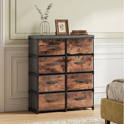Commode à 8 tiroirs en tissu, 100 cm de hauteur, style rustique, structure métal, brun rustique (1/5)