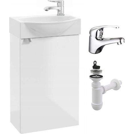 Badezimmer-Waschtisch mit Waschbecken – 40 x 30 cm – Hochglanzweiß – Wandmontiertes Waschbecken – Mit Armatur