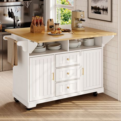 Isla de cocina 120/40/95 cm blanca con tablero abatible, 3 cajones y gran espacio (1/5)
