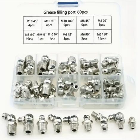Jeu de 60 Embouts de Graissage, Raccords de Graissage en Acier Nickelé, Kit de Bouchons de Graissage M6/M8/M10 à 45°/90°/180°