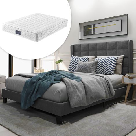 Cama 140x200 cm de lino gris con cabecero y somier, con colchón, para dormitorio – MEUBLIV (1/5)