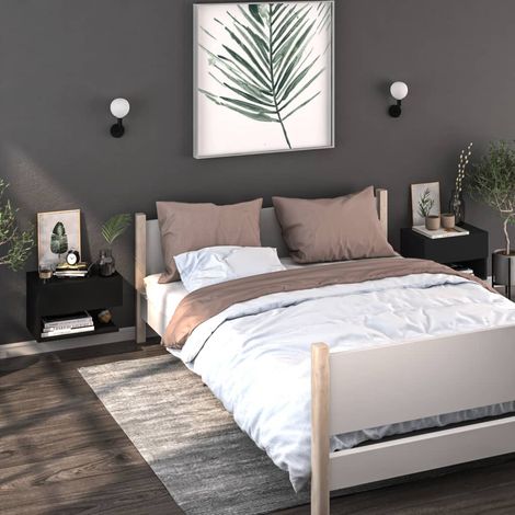 Ensemble de deux tables de chevet murales noires en bois d'ingénierie, design flottant avec espace de rangement, dimensions 46x29,5x30 cm (1/5)