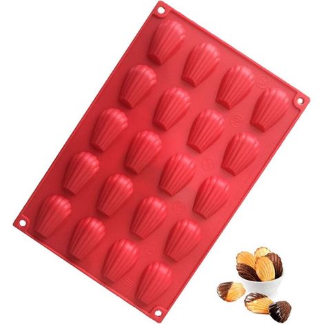 Lot de 2 Moules à Madeleine Mini Coquillage en Silicone - 20 Cavités Antiadhésives - Pour Gâteaux, Chocolat, Biscuits - Rouge (1/5)