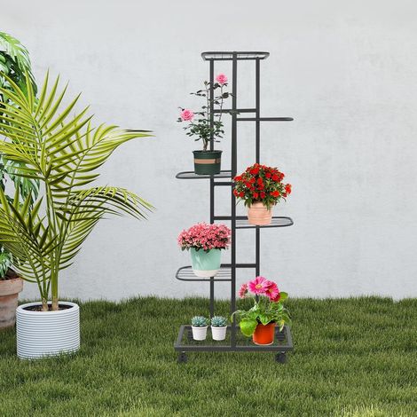 Blumenständer mit 6 Etagen, Pflanzenständer Pflanzenregal mit 4 Universalrädern und 112 cm Höhe, Blumenregal Indoor Outdoor, für Garten, Balkon, Wohnzimmer (Schwarz) (1/5)