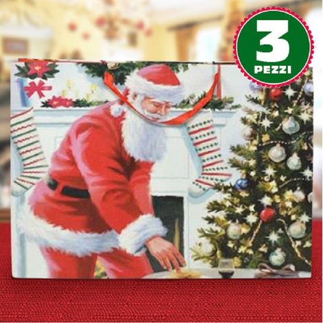 TrAdE Shop Traesio - 3 Buste Da Regalo Stampa Babbo Natale Classico Con Manici Rossi 40x20x55cm - (1/2)