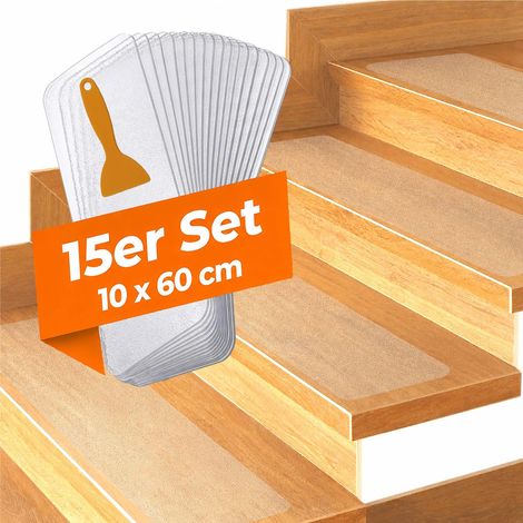 Relaxdays Stufenmatten, 15er Set, Antirutschmatte, BxT: 60x10 cm, für Treppen, Treppenmatte selbstklebend, transparent (1/5)