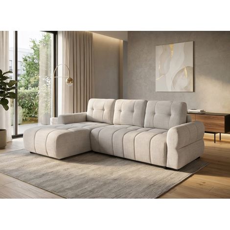 Canapé d'angle convertible avec coffre en velours chiné beige (1/5)